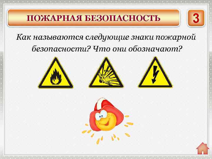 ПОЖАРНАЯ БЕЗОПАСНОСТЬ 3 Как называются следующие знаки пожарной безопасности? Что они обозначают? ЗНАКИ ПРЕДУПРЕЖДАЮЩИЕ