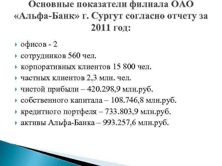  Основные показатели филиала ОАО «Альфа-Банк» г. Сургут согласно отчету за 2011 год: офисов