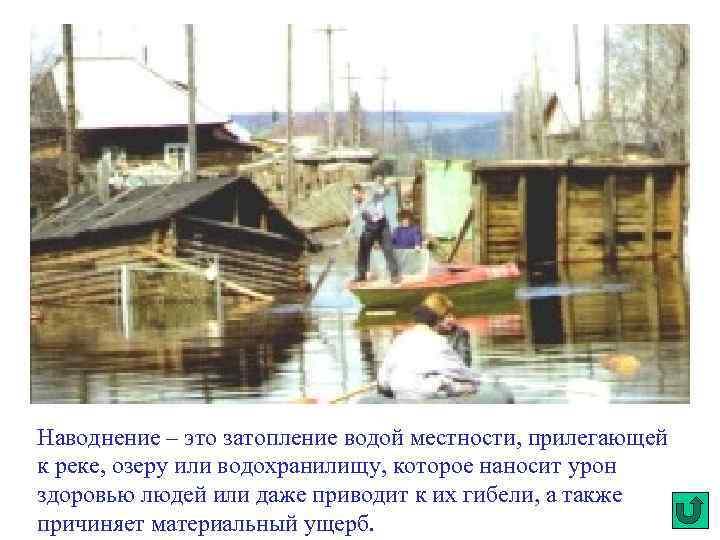 Наводнение – это затопление водой местности, прилегающей к реке, озеру или водохранилищу, которое наносит