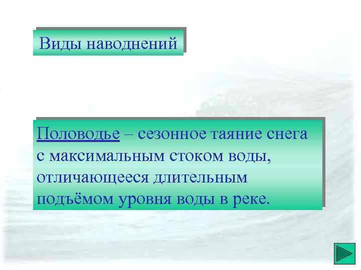 Виды наводнений Половодье – сезонное таяние снега с максимальным стоком воды, отличающееся длительным подъёмом