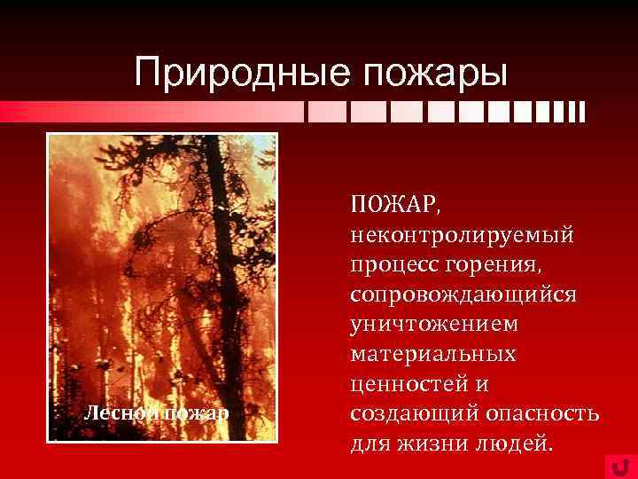 Природные пожары Лесной пожар ПОЖАР, неконтролируемый процесс горения, сопровождающийся уничтожением материальных ценностей и создающий