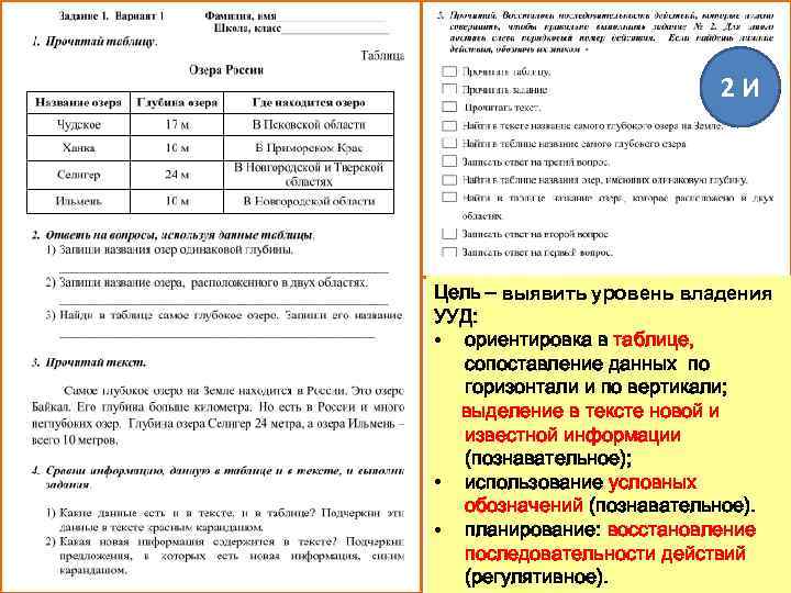 2 И Цель – выявить уровень владения УУД: • ориентировка в таблице, сопоставление данных