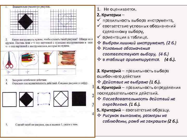 1. Не оценивается. 2. Критерии – ü правильность выбора инструмента, ü соответствие условных обозначений
