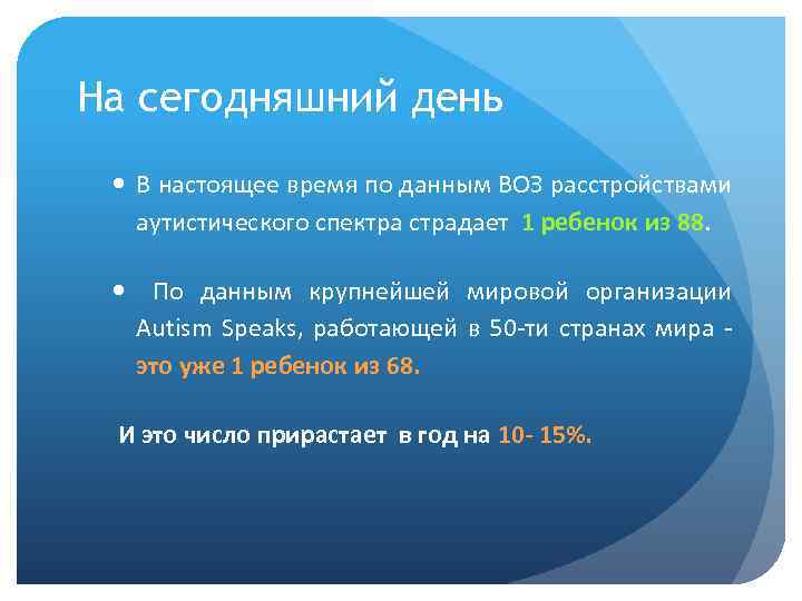 На сегодняшний день В настоящее время по данным ВОЗ расстройствами аутистического спектра страдает 1