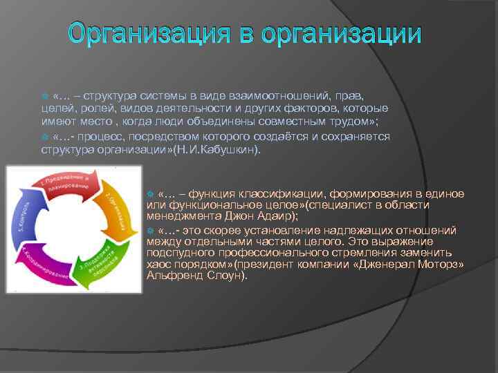 Организация в организации «… – структура системы в виде взаимоотношений, прав, целей, ролей, видов