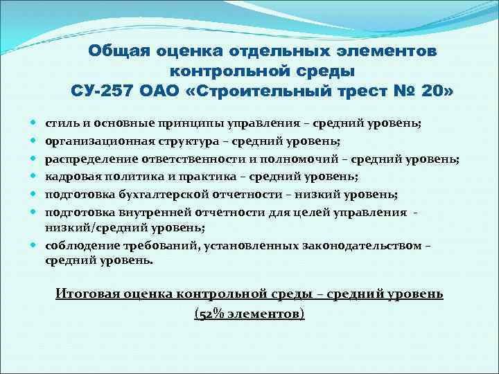 Общая оценка отдельных элементов контрольной среды СУ-257 ОАО «Строительный трест № 20» стиль и