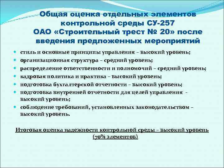 Общая оценка отдельных элементов контрольной среды СУ-257 ОАО «Строительный трест № 20» после введения