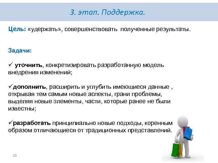 3. этап. Поддержка. Цель: «удержать» , совершенствовать полученные результаты. Задачи: ü уточнить, конкретизировать разработанную
