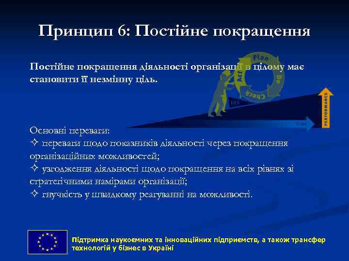 Принцип 6: Постійне покращення діяльності організації в цілому має становити її незмінну ціль. Основні