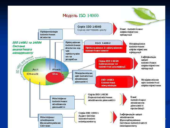 Модель ISO 14000 Серія ISO 14040 ISO 14001 та 14004 Система екологічного менеджменту Опис