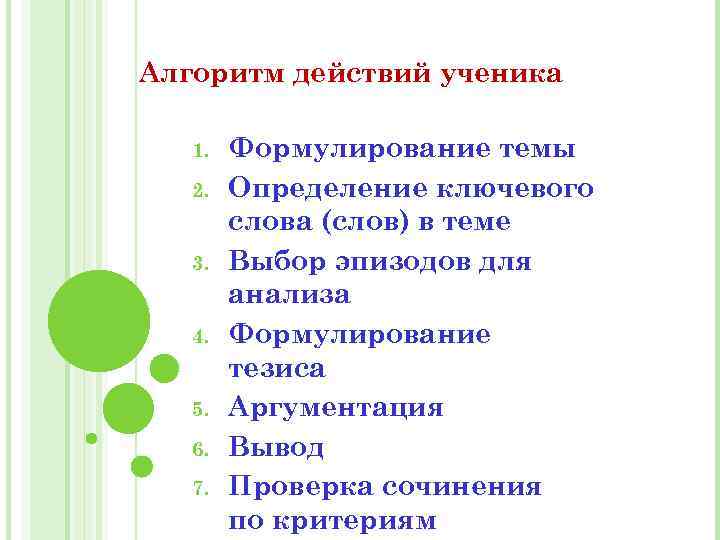 Алгоритм действий ученика 1. 2. 3. 4. 5. 6. 7. Формулирование темы Определение ключевого