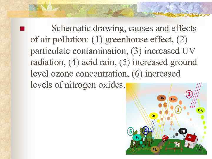 n Schematic drawing, causes and effects of air pollution: (1) greenhouse effect, (2) particulate