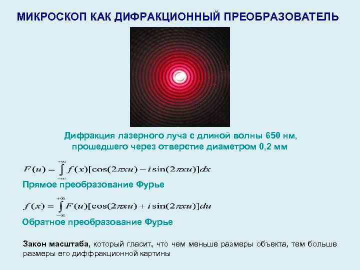 МИКРОСКОП КАК ДИФРАКЦИОННЫЙ ПРЕОБРАЗОВАТЕЛЬ Дифракция лазерного луча с длиной волны 650 нм, прошедшего через