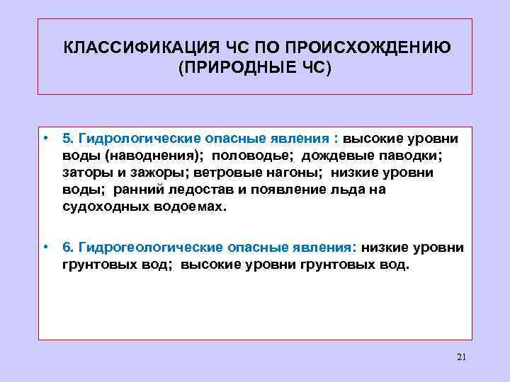  КЛАССИФИКАЦИЯ ЧС ПО ПРОИСХОЖДЕНИЮ (ПРИРОДНЫЕ ЧС) • 5. Гидрологические опасные явления : высокие