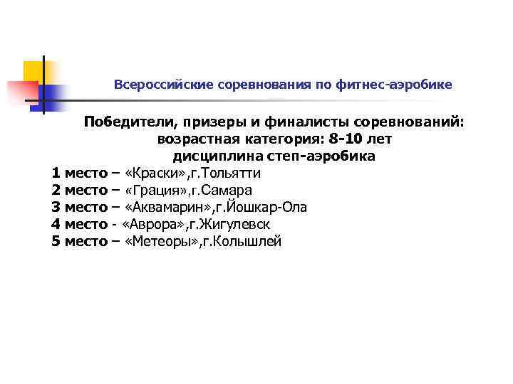 Всероссийские соревнования по фитнес-аэробике Победители, призеры и финалисты соревнований: возрастная категория: 8 -10 лет
