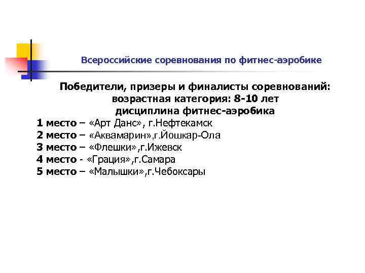 Всероссийские соревнования по фитнес-аэробике Победители, призеры и финалисты соревнований: возрастная категория: 8 -10 лет