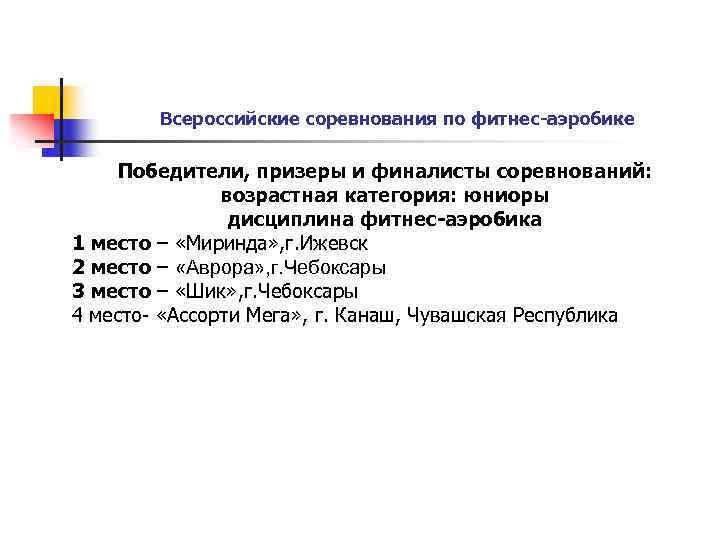 Всероссийские соревнования по фитнес-аэробике Победители, призеры и финалисты соревнований: возрастная категория: юниоры дисциплина фитнес-аэробика