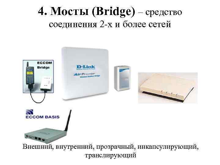 4. Мосты (Bridge) – средство соединения 2 -х и более сетей Внешний, внутренний, прозрачный,
