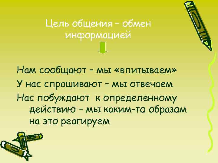 Цель общения – обмен информацией Нам сообщают – мы «впитываем» У нас спрашивают –