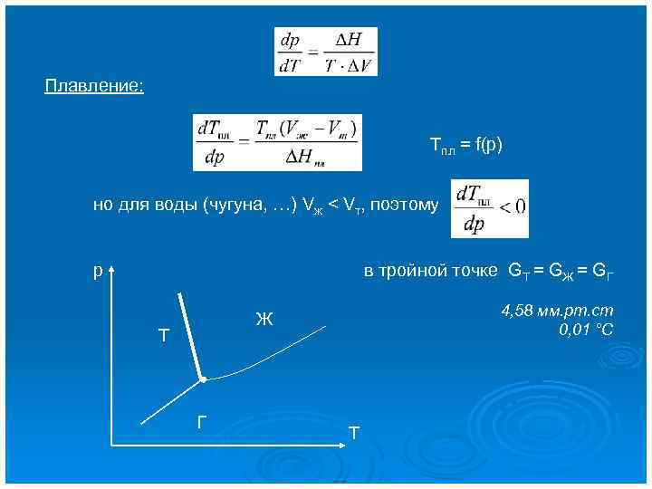 Плавление: Tпл = f(p) но для воды (чугуна, …) Vж < Vт, поэтому р
