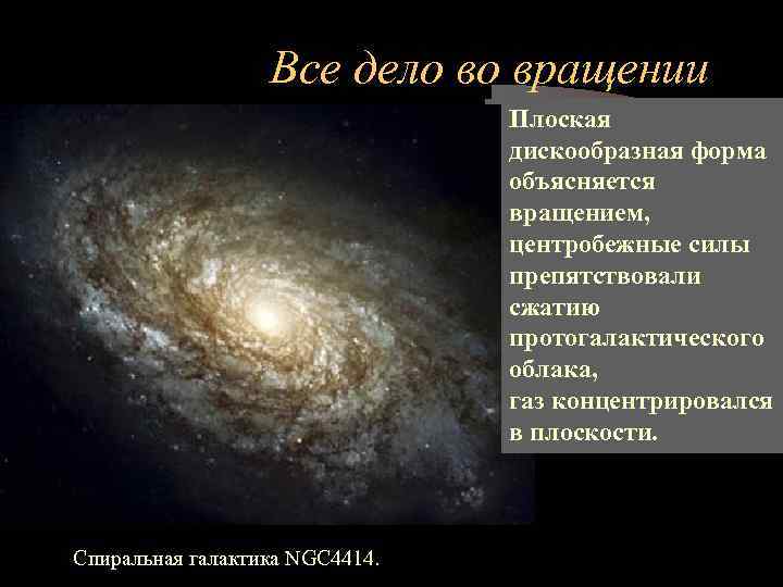 Все дело во вращении Плоская дискообразная форма объясняется вращением, центробежные силы препятствовали сжатию протогалактического