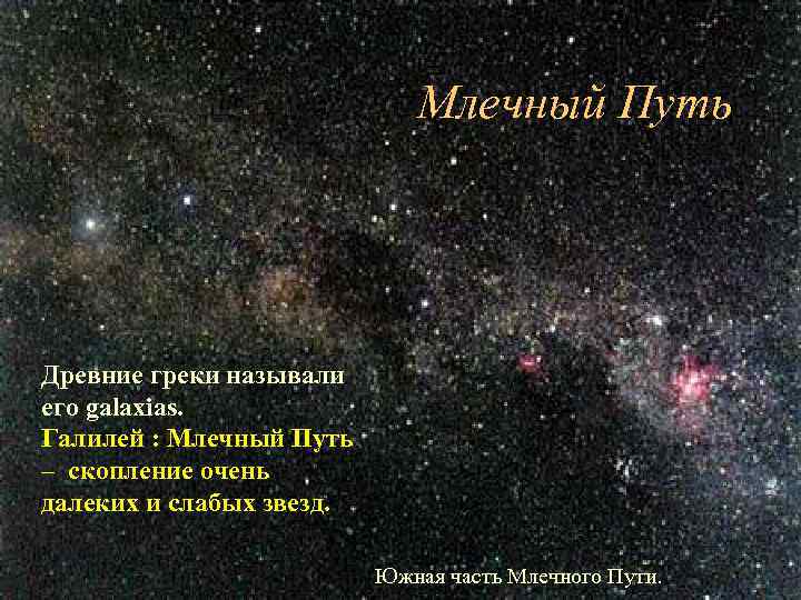 Млечный Путь Древние греки называли его galaxias. Галилей : Млечный Путь – скопление очень