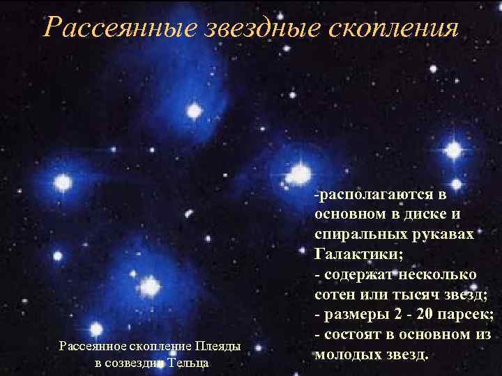Рассеянные звездные скопления -располагаются Рассеянное скопление Плеяды в созвездии Тельца в основном в диске