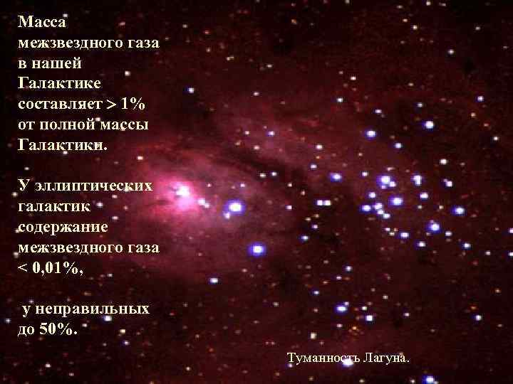 Масса межзвездного газа в нашей Галактике составляет 1% от полной массы Галактики. У эллиптических