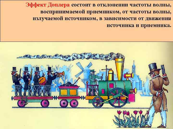 Эффект Доплера состоит в отклонении частоты волны, воспринимаемой приемником, от частоты волны, излучаемой источником,