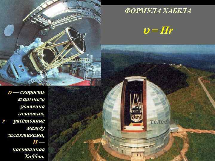 ФОРМУЛА ХАББЛА = Hr — скорость взаимного удаления галактик, r — расстояние между галактиками,