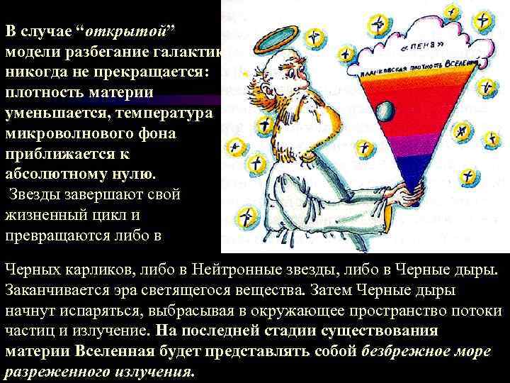 В случае “открытой” модели разбегание галактик никогда не прекращается: плотность материи уменьшается, температура микроволнового
