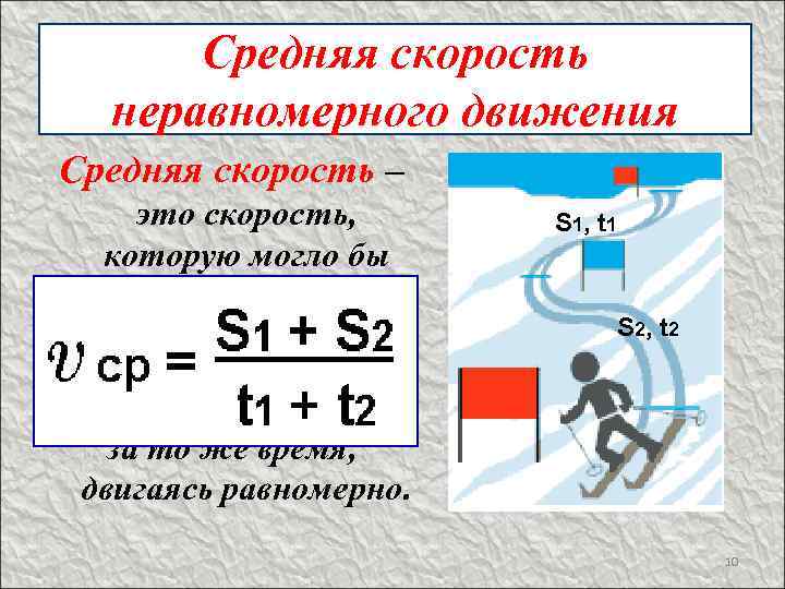 Средняя скорость неравномерного движения Средняя скорость – это скорость, которую могло бы иметь тело,