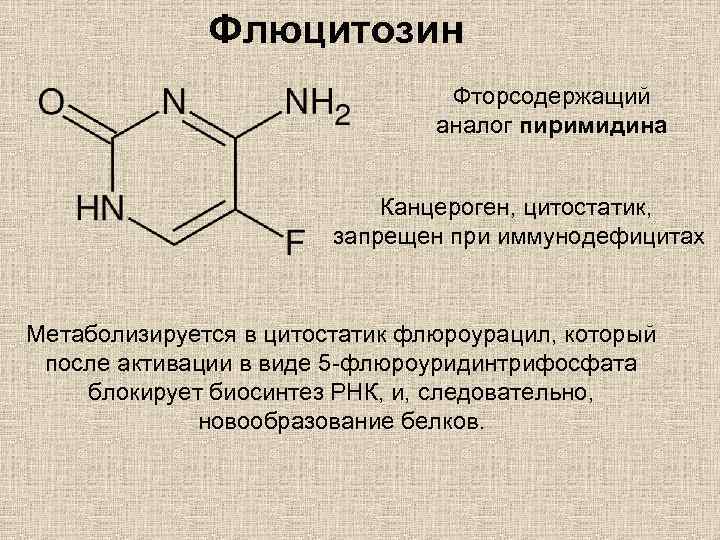 Флюцитозин Фторсодержащий аналог пиримидина Канцероген, цитостатик, запрещен при иммунодефицитах Метаболизируется в цитостатик флюроурацил, который