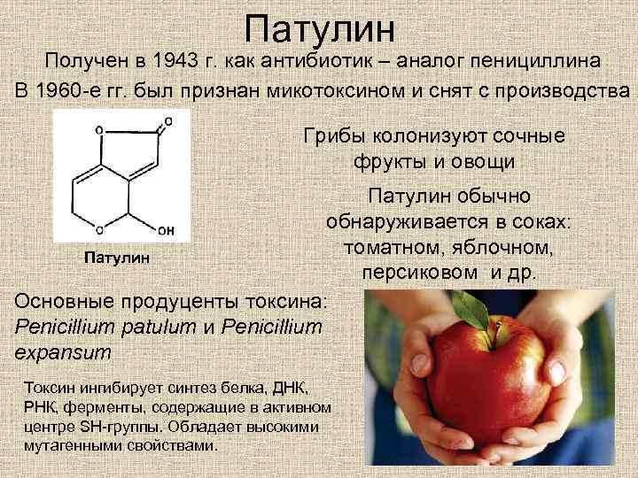 Патулин Получен в 1943 г. как антибиотик – аналог пенициллина В 1960 -е гг.