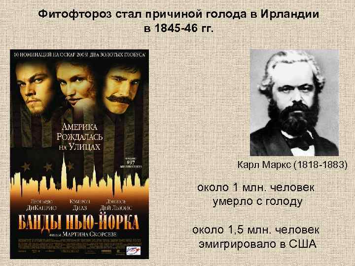 Фитофтороз стал причиной голода в Ирландии в 1845 -46 гг. Карл Маркс (1818 -1883)