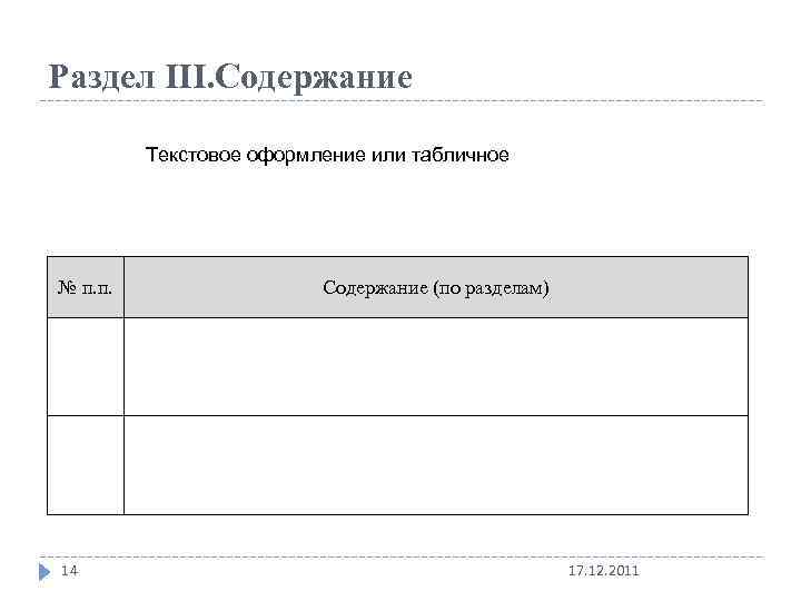 Раздел III. Содержание Текстовое оформление или табличное № п. п. 14 Содержание (по разделам)