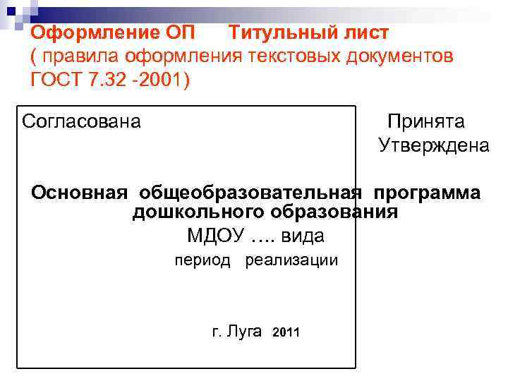 Оформление ОП Титульный лист ( правила оформления текстовых документов ГОСТ 7. 32 -2001) Согласована