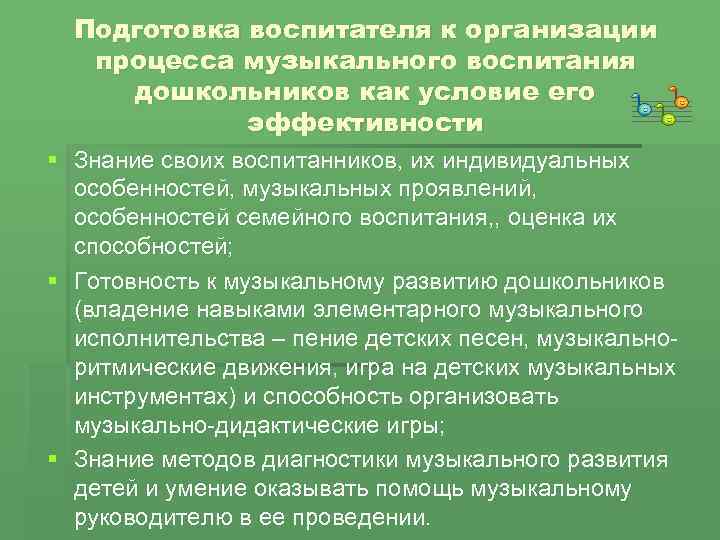 Подготовка воспитателя к организации процесса музыкального воспитания дошкольников как условие его эффективности § Знание