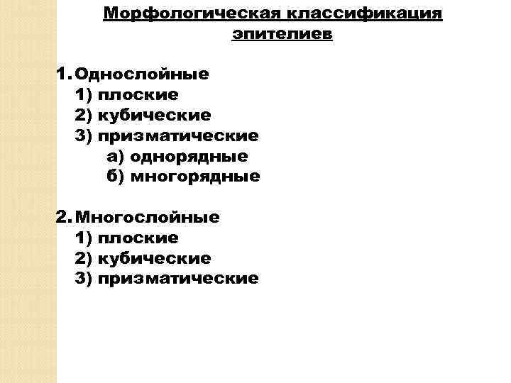 Морфологическая классификация эпителиев 1. Однослойные 1) плоские 2) кубические 3) призматические а) однорядные б)
