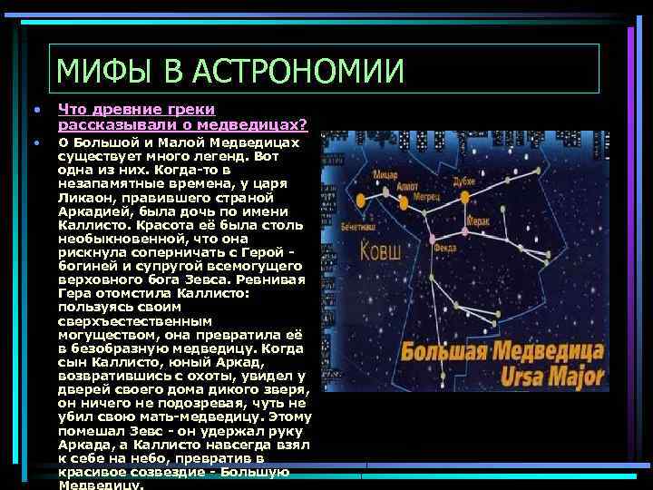 МИФЫ В АСТРОНОМИИ • Что древние греки рассказывали о медведицах? • О Большой и