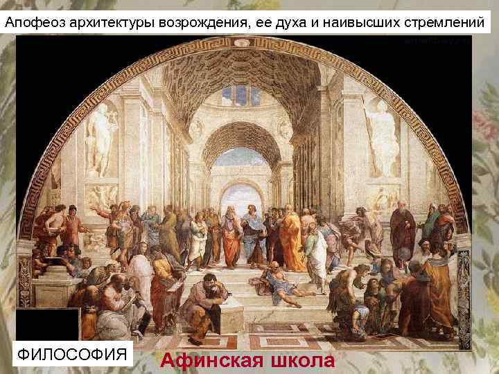 Апофеоз архитектуры возрождения, ее духа и наивысших стремлений ФИЛОСОФИЯ Афинская школа 