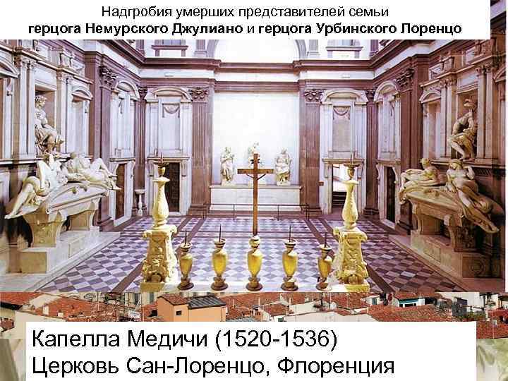 Надгробия умерших представителей семьи герцога Немурского Джулиано и герцога Урбинского Лоренцо Капелла Медичи (1520