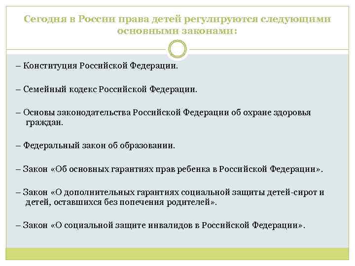 Сегодня в России права детей регулируются следующими основными законами: – Конституция Российской Федерации. –