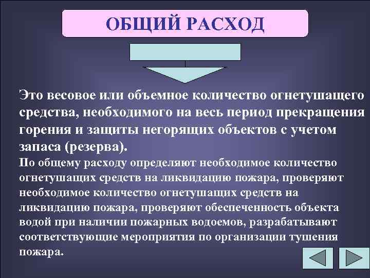 ОБЩИЙ РАСХОД Это весовое или объемное количество огнетушащего средства, необходимого на весь период прекращения