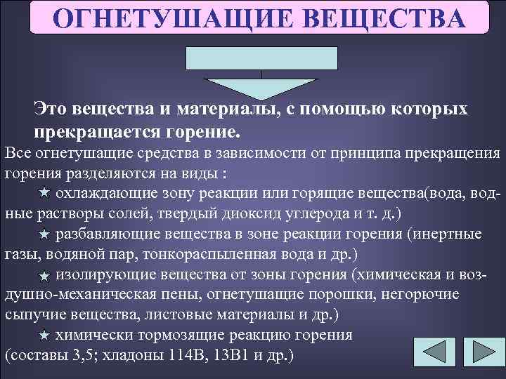 ОГНЕТУШАЩИЕ ВЕЩЕСТВА Это вещества и материалы, с помощью которых прекращается горение. Все огнетушащие средства