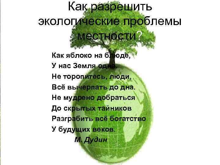 Как разрешить экологические проблемы местности? Как яблоко на блюде, У нас Земля одна. Не