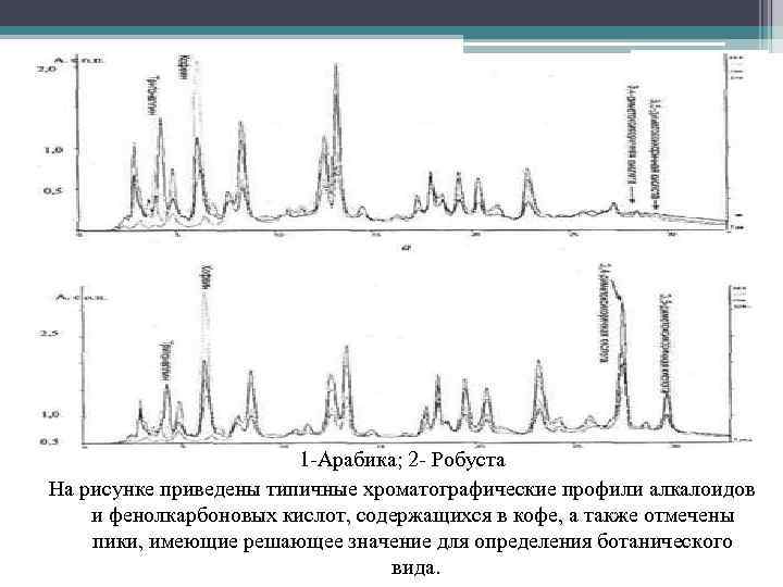 1 -Арабика; 2 - Робуста На рисунке приведены типичные хроматографические профили алкалоидов и фенолкарбоновых