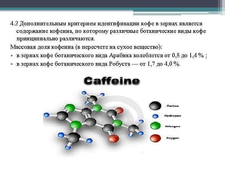 4. 2 Дополнительным критерием идентификации кофе в зернах является содержание кофеина, по которому различные
