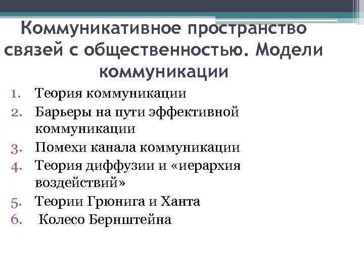 Коммуникативное пространство связей с общественностью. Модели коммуникации 1. Теория коммуникации 2. Барьеры на пути