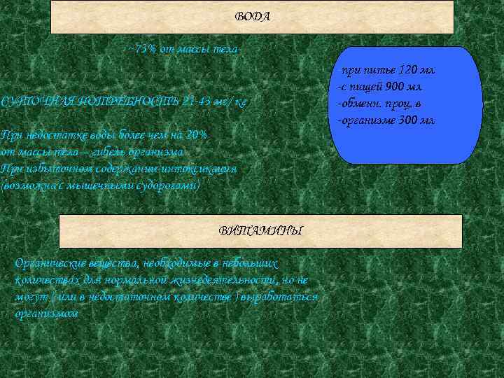 ВОДА ~73% от массы тела СУТОЧНАЯ ПОТРЕБНОСТЬ 21 -43 мг/ кг При недостатке воды